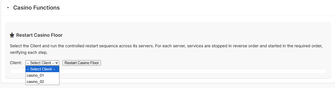 Argus casino functions view: a controlled restart sequence that stops services in reverse order and starts them in the required order, with a client selector.